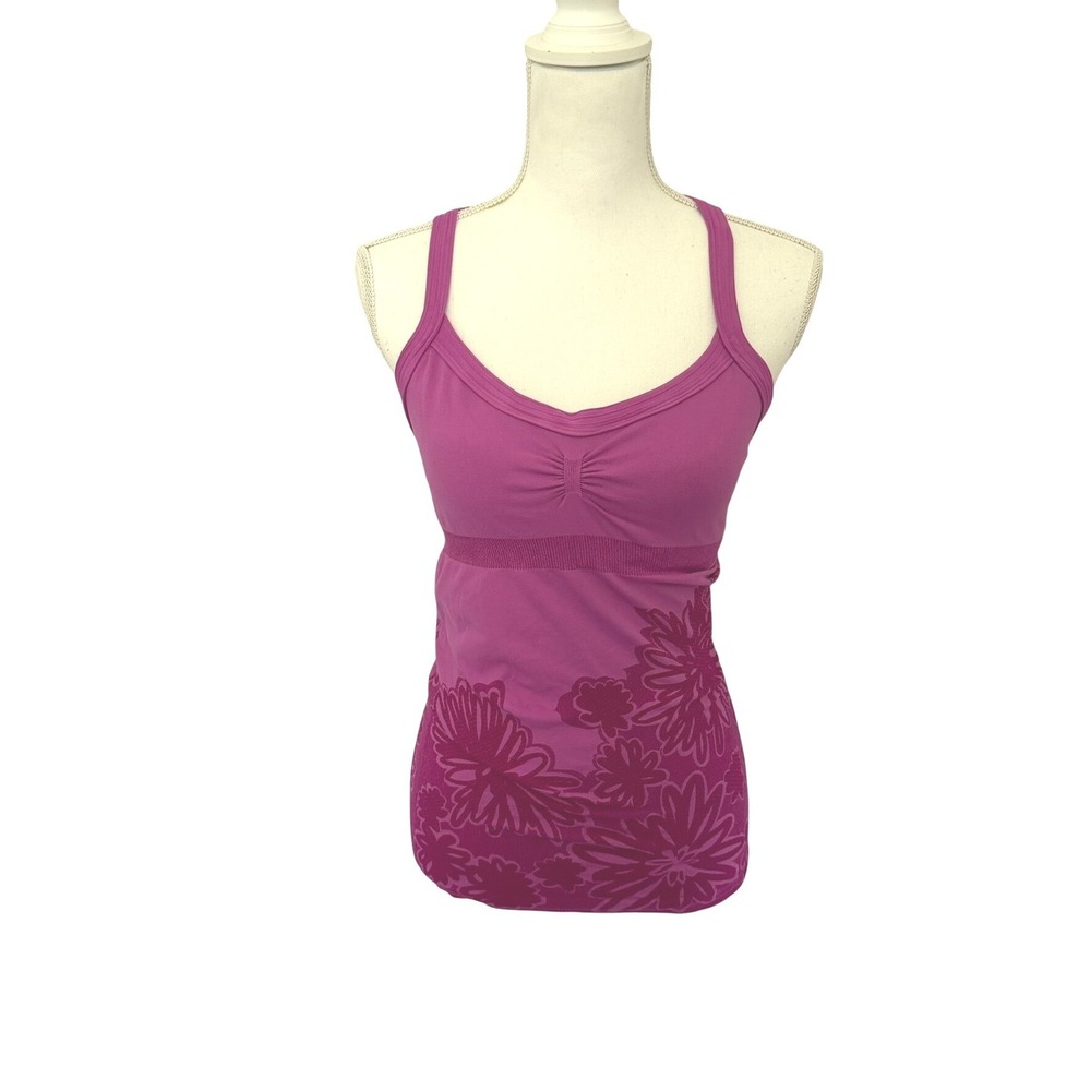 Zella Seamless Tank Women Medium Magenta Floral Built-in Bra Y2K Racerback Top
